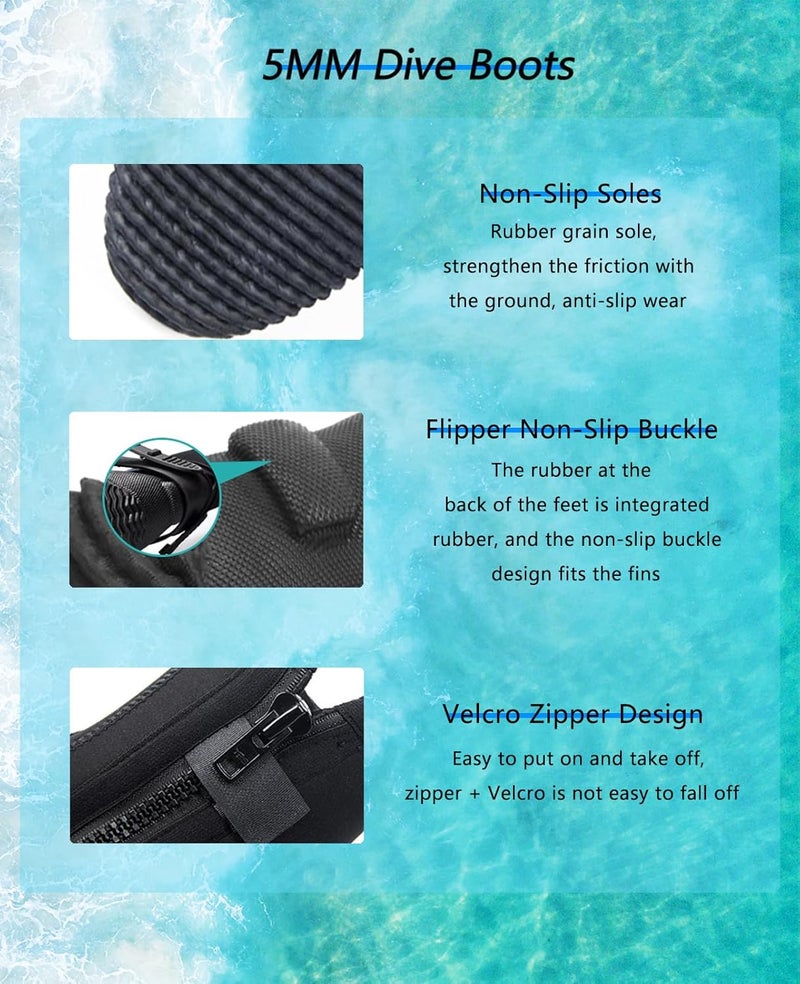 Skyone Neoprene Dive Boots, Men Women, 5MM Wetsuit Surf Booties, Diving Boots Tall Zippered with Anti-Slip Rubber Sole, Scuba Boots Dive Booties for Sailing Snorkeling - Image 5